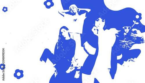 Diverse Group of Young Women in Dynamic Poses, Retro Style, Blue and White