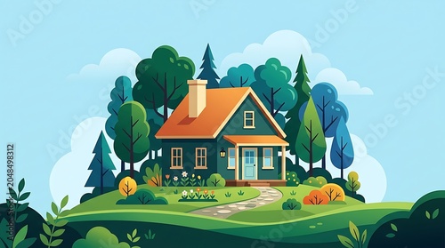Cozy Green House Flat Vector Illustration in Forest Landscape
