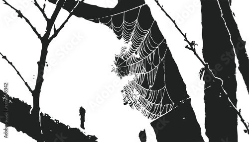 Delicate Spiderweb on Tree Branches with Dew Drops