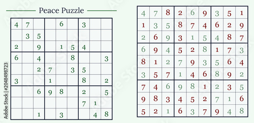 Sudoku puzzles on a light background, featuring green and red numbers, mental challenge, educational game