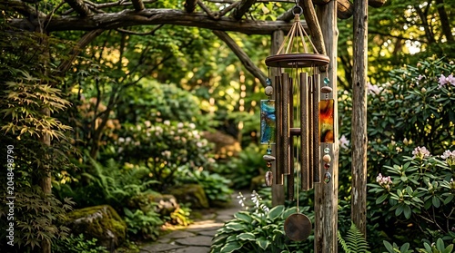 decorative wind chime hanging in a lush green zen garden