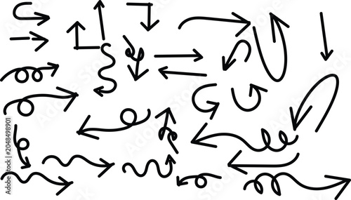 Collection of handdrawn arrows in various styles and directions isolated on a white background for graphic design elements