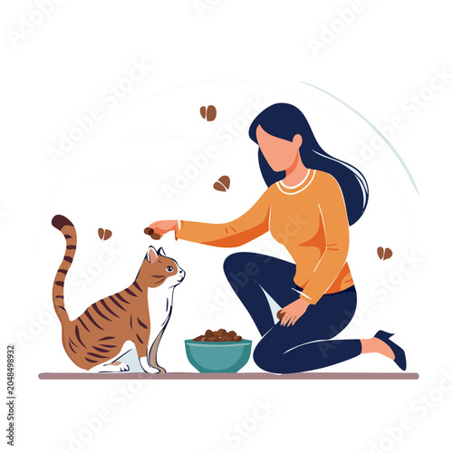 Woman feeding a cat with food from a bowl