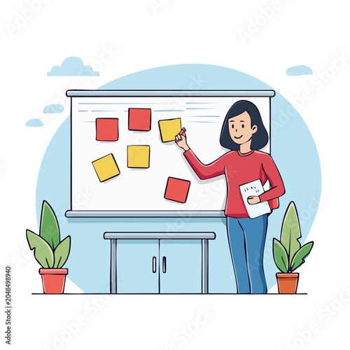 Woman planning on whiteboard with sticky notes