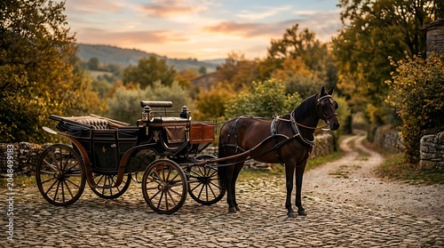 Elegant Horse-Drawn Carriage on a Cobblestone Path at Sunset