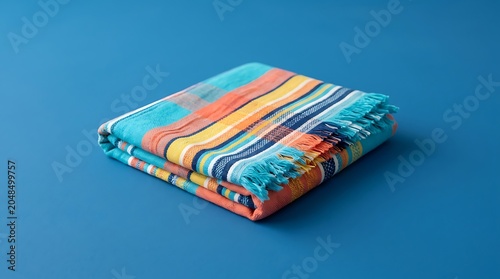 Folded Colorful Striped Beach Towel with Fringe on Blue Background