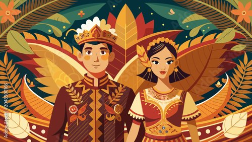 Billede på lærred Ethnic couple in decorative traditional clothing standing against vibrant tropic