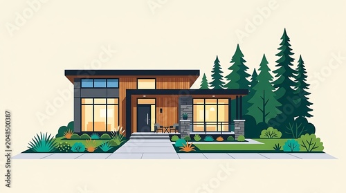 Modern minimalist house illustration with flat roof and forest background