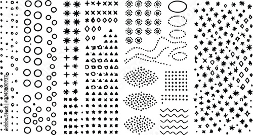 Hand drawn doodle shapes vector set featuring circles stars triangles dots and wavy lines for creative graphic design projects