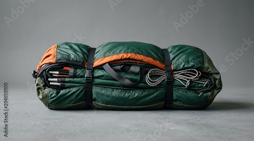 Rolled green camping tent with orange accents poles and ropes on gray background