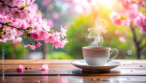 A serene outdoor setting with a steaming cup of coffee (1)