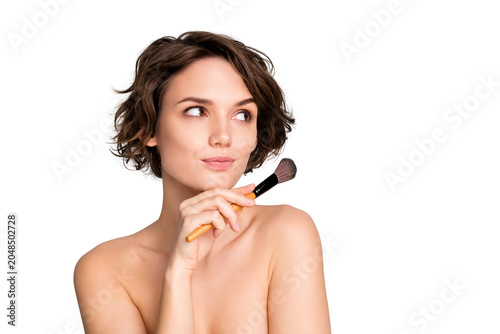 Εκτύπωση καμβά Closeup photo of beautiful naked lady bob short hairdo look interested empty spa