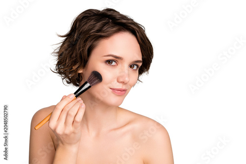 Canvas-taulu Closeup photo of beautiful attractive lady short hairdo hold professional makeup