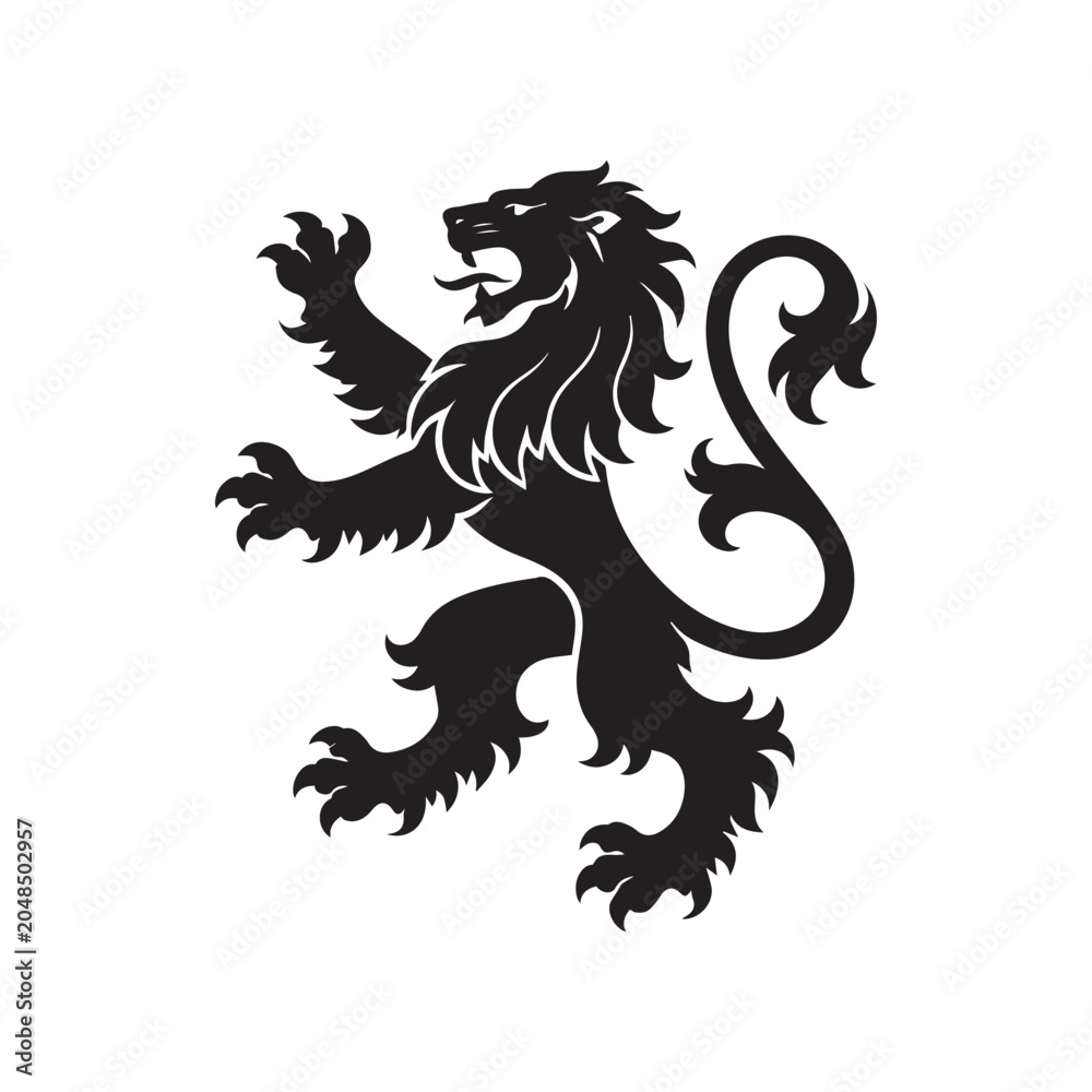 Fototapeta premium Heraldic Rampant Lion Silhouette – Medieval Royal Crest Symbol, Heraldry Emblem, Coat of Arms and Vintage Kingdom Logo Design