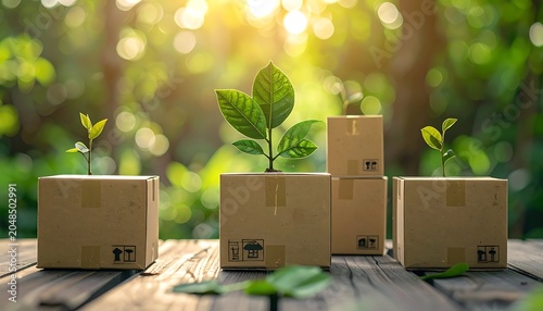 A serene outdoor setup featuring cardboard boxes with small plants
