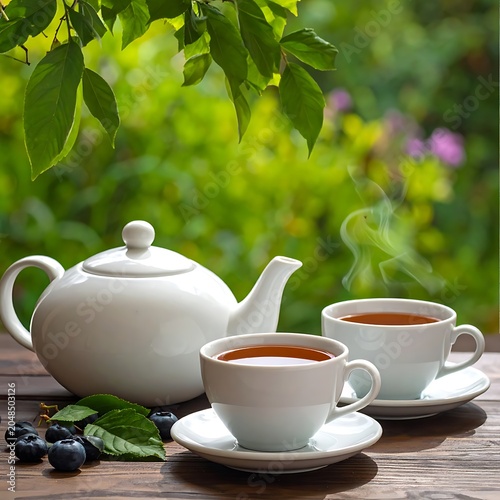 A serene outdoor tea setting with greenery