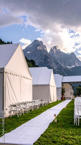 A serene outdoor wedding setup amidst mountains