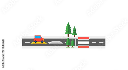 Foto Cartoon car on road with speed bump, pedestrian crossing, trees, flat design