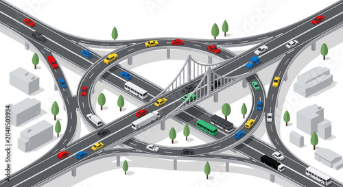 Canvastavla Busy highway interchange with colorful cars and buses, urban traffic flow