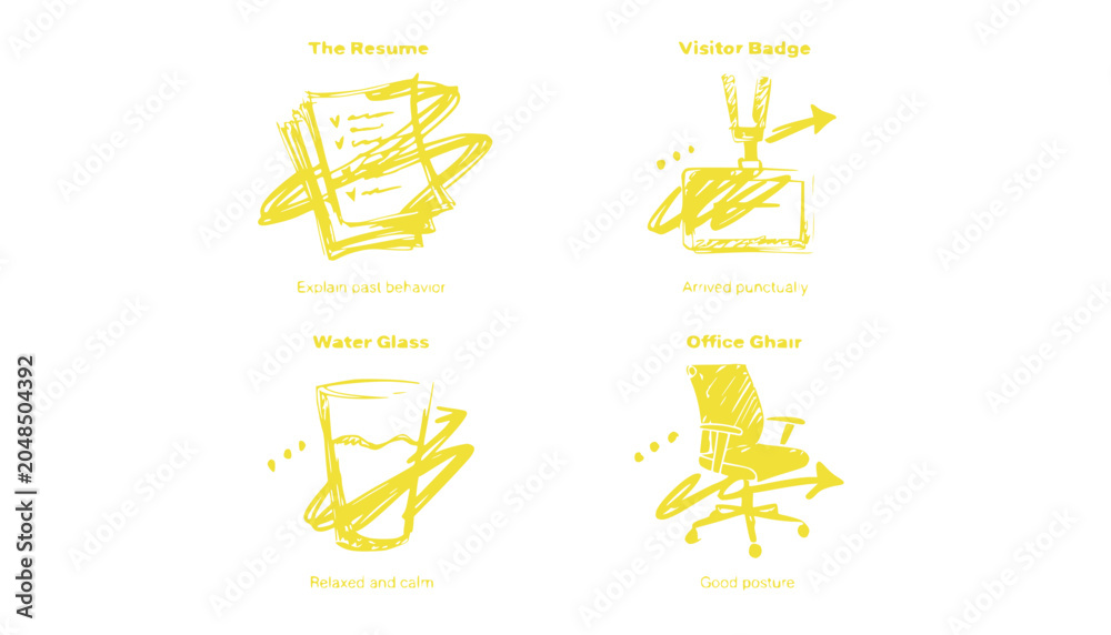 Obraz premium Job Interview Essentials: Resume, Visitor Badge, Water Glass, Office Chair