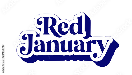 Red January Text Logo - Bold Blue Font, White Outline, Isolated on White