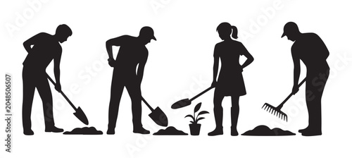 Obraz na plátně People digging, shoveling, planting seedling, and raking soil for gardening or landscaping work