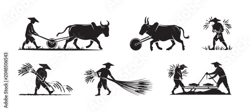 Tableau sur toile Farmer silhouettes ploughing field with bull and harvesting crops bundle illustration