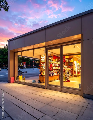 A storefront with large windows at sunset