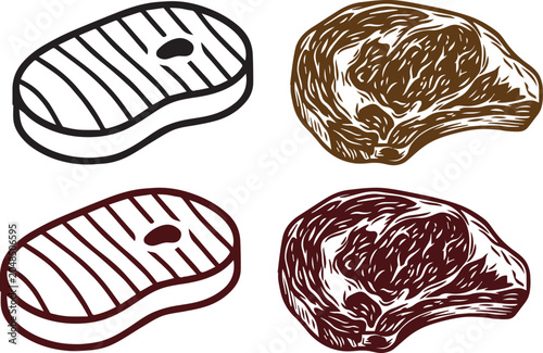 Bild auf Leinwand Vector illustration of meat cut icons in steak and ribeye styles with black, bro
