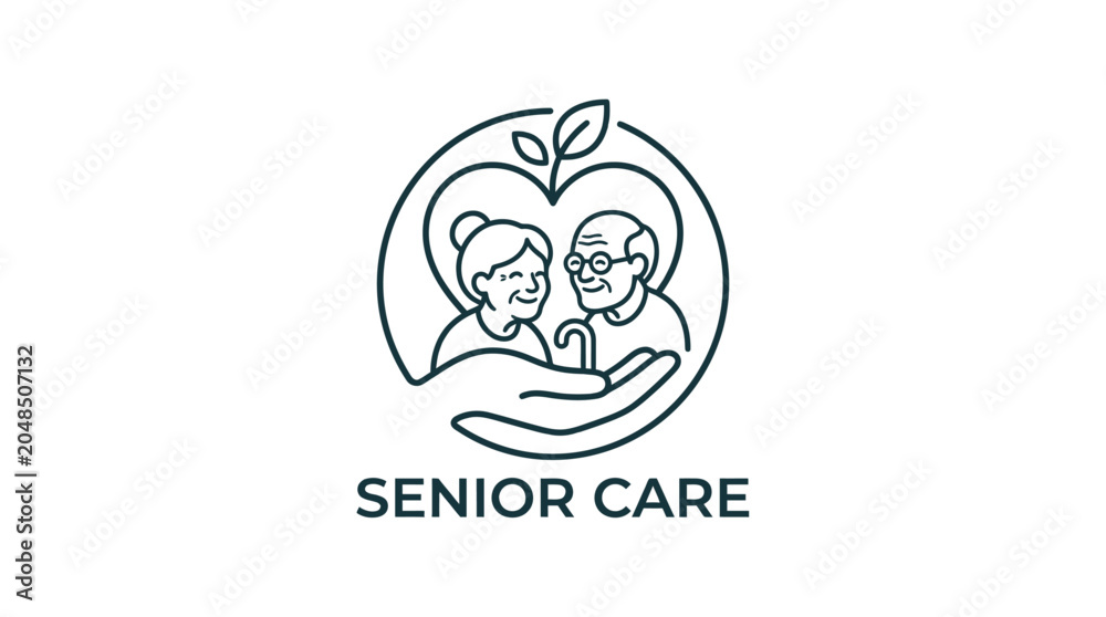 Fototapeta premium Senior care logo design, elderly couple icon, vector illustration of an old man and woman supported by a hand