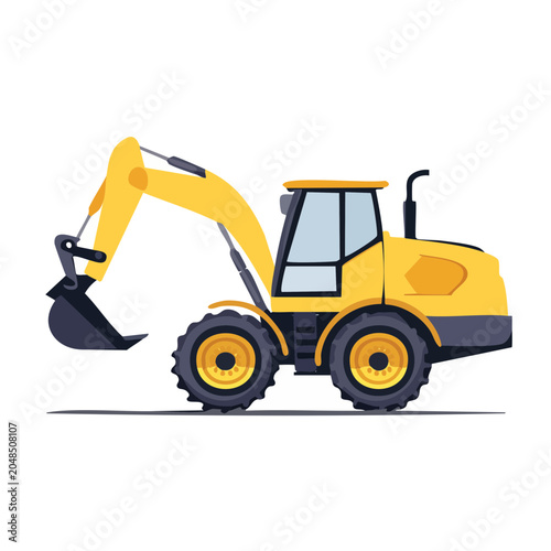 Yellow excavator illustration in flat design style