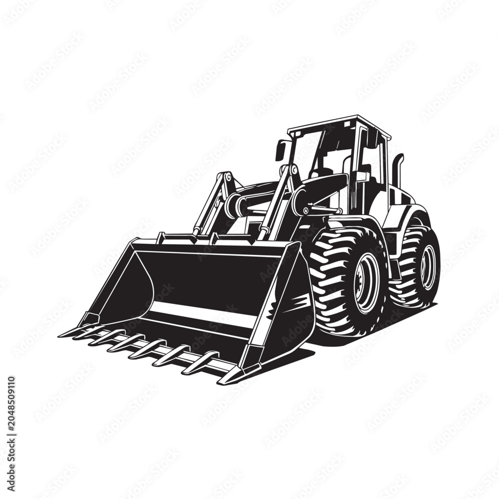Fototapeta premium Black and white illustration of a front loader tractor
