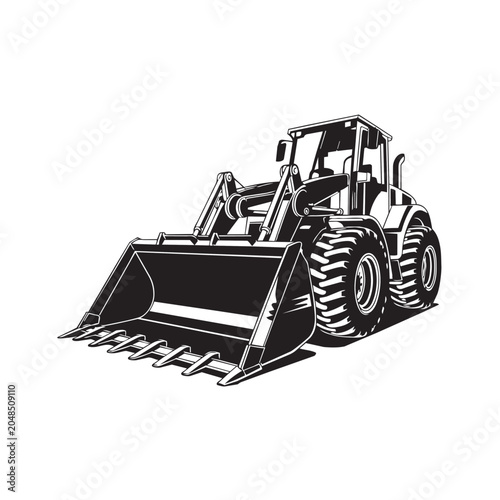Black and white illustration of a front loader tractor