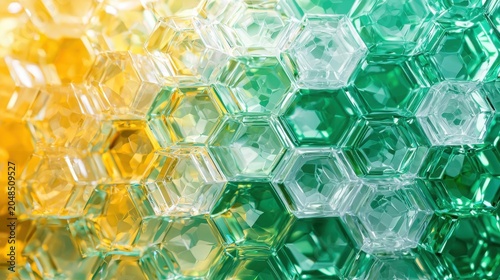 Quantum superposition states crystalline hexagonal structures transitioning transparent opaque emerald green golden yellow prismatic light effects molecular geometry