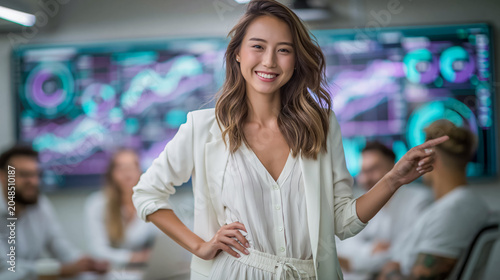 Asian female business leader pointing finger at financial stock market charts. Happy corporate trader and working team in modern office background.