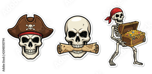 Foto Pirate-themed cartoon skulls and skeleton with treasure chest
