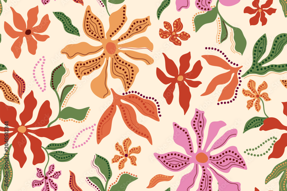 Fototapeta premium Colorful summer abstract tropical floral seamless pattern. Yellow orange hand drawn flowers, leaves with polka dots elements. Vector tropical design, Hawaii nature repeat background, wallpaper, print.
