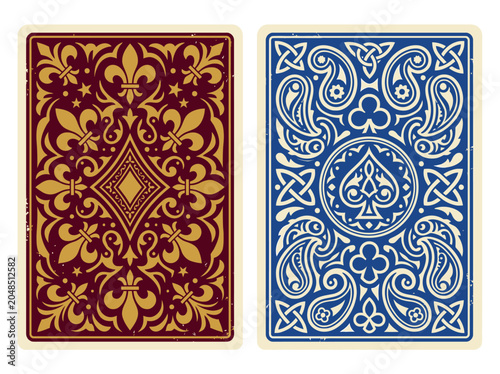 Ornate vintage playing card back designs in red and blue