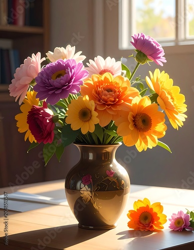 A vase with colorful flowers on a table by the window