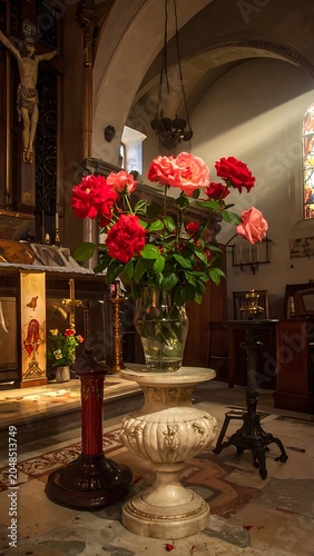 A vase with flowers on a table in a church