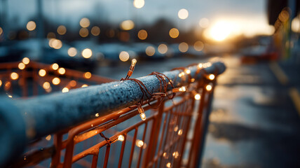 Festive shopping cart, twinkling lights in the evening glow