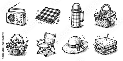 Picnic recreation sketch icon collection in black. Set of outdoor leisure and food icons in doodle style