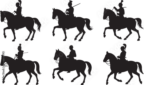 Set of silhouettes of cavalrymen on horseback, historical soldiers in uniform riding horses, military riders in helmets with swords and sabers