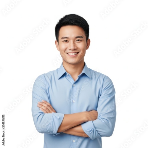 Happy young Asian man smiling with arms crossed isolated on white background