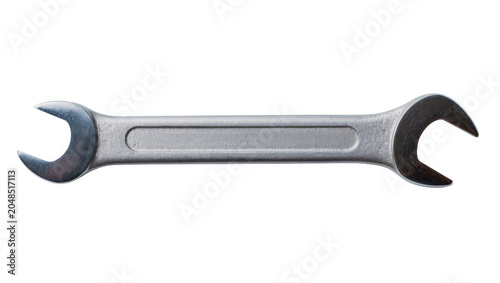 Photos Isolated metallic silver spanner wrench with two open ends, essential repair and