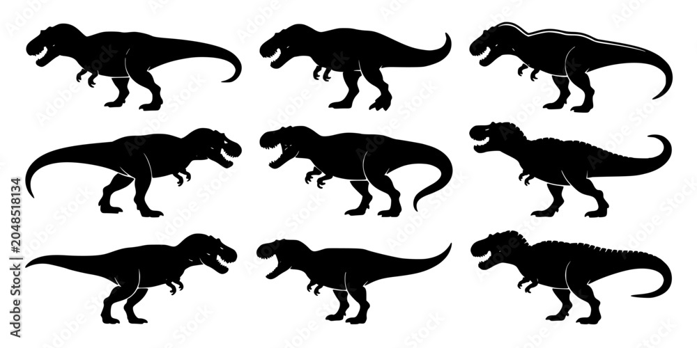 Obraz premium Tyrannosaurus Silhouette Set, Black Prehistoric Dinosaur Footprints and Body Shapes on White Background for Educational Design