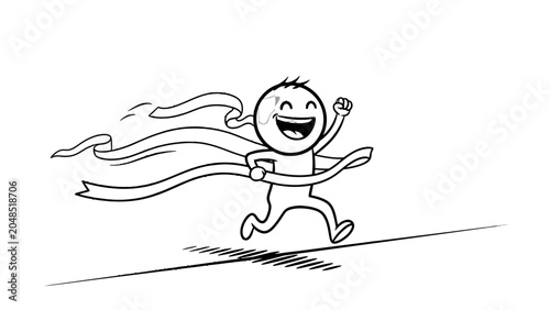 Obraz na plátně A joyful cartoon character crosses the finish line with a triumphant expression, breaking through a ribbon with streamers trailing behind