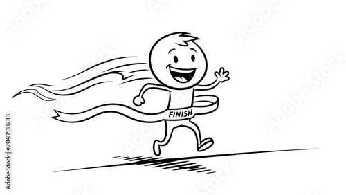 Tableau sur toile A cheerful cartoon character joyfully crosses the finish line, breaking through a ribbon with a smile