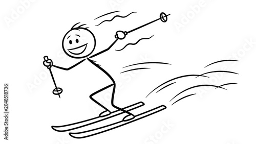Quadro su tela A stick figure skier joyfully speeding down a snowy slope, leaving a trail of snow behind them