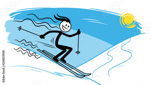 Foto A cheerful stick figure with long, flowing hair skis down a snowy mountain slope under a bright blue sky with a yellow sun, enjoying winter sports